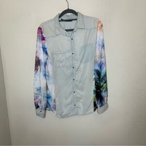 Zara Chambray Casual Button Down Shirt with Contrast Sleeves Size Medium